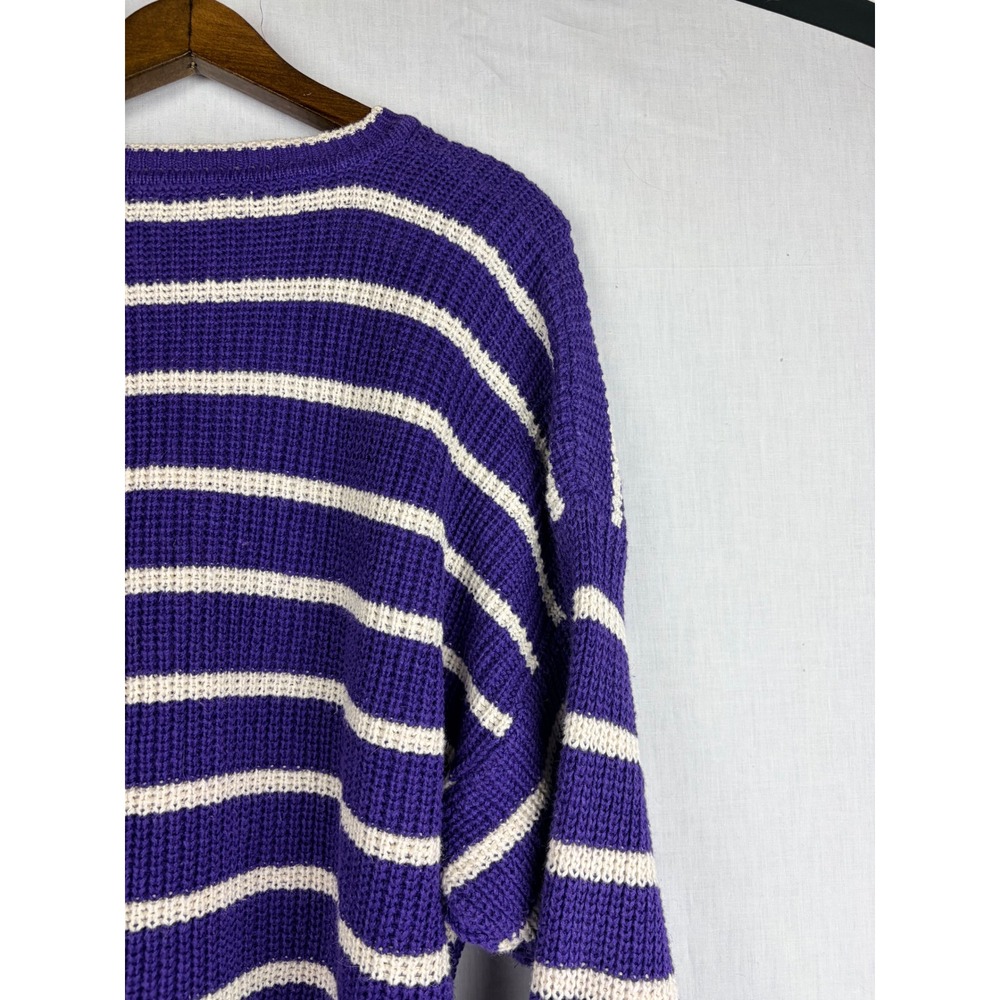 Chaus Sport L Purple White Striped Oversized Chunky Knit Crewneck Sweater - Picture 8 of 14